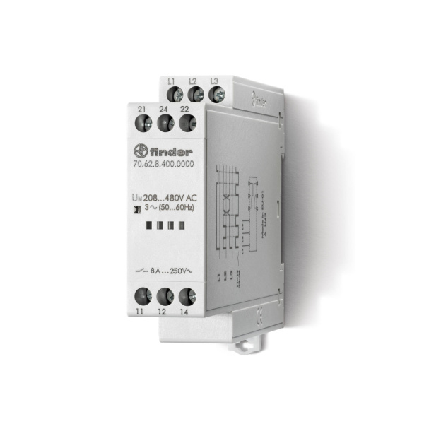 Finder Контрольное реле для 3-фазных сетей; обрыв/чередование фаз, фиксированные регулировки; выход 2CO 8А; модульное, ширина 22.5мм; степень защиты I 706284000000T