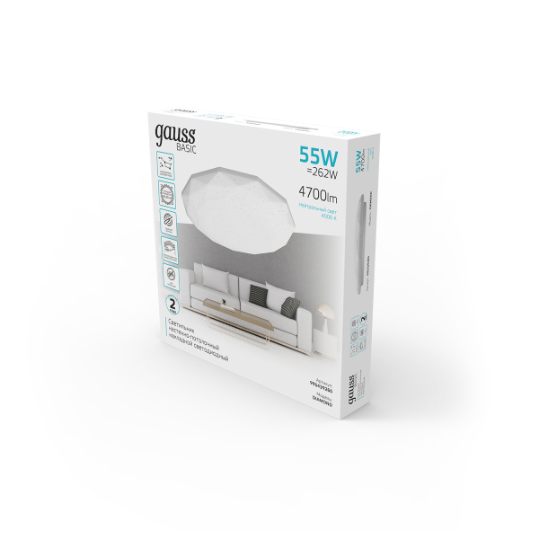 Купить Gauss Светильник Basic Space Diamond НПС 55W 4700lm 4000K  220-240V IP20 500*80 LED 1/10 995439260