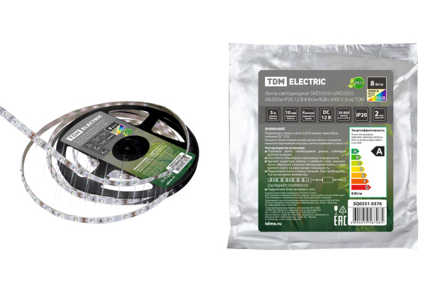 TDM Лента светодиодная SMD5050+SMD2835 60LED/м-IP20-12 В-8 Вт/м-RGB+3000 К (5 м) SQ0331-0376