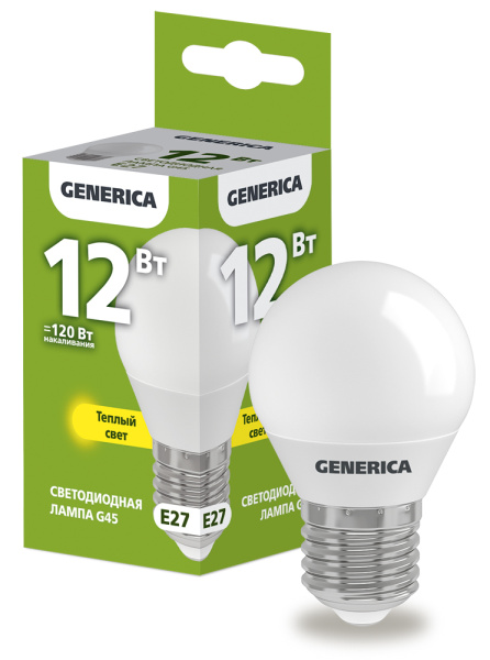 IEK GENERICA Лампа LED G45 шар 12Вт 230В 3000К E27 LL-G45-12-230-30-E27-G