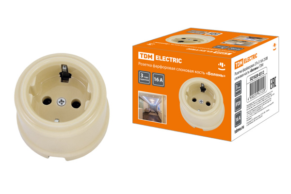 TDM Розетка фарфоровая 2П+З 16А 250В сл. кость «Болонь» SQ1820-0312