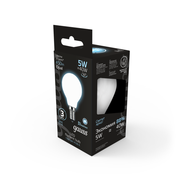 Купить Gauss Лампа Filament Шар 5W 450lm 4100К Е14 milky LED 105201205