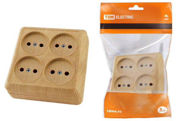 TDM Розетка четырехместная 2П открытой установки IP20 10A сосна "Ладога" SQ1801-0420
