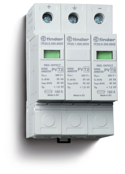 Finder Устройство защиты от импульсных перенапряжений УЗИП тип 2 (2 варистора + 1 искровый разрядник) для фотогальванических систем 1000В DC; модульны 7P2690001015