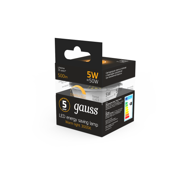 Купить Gauss Лампа MR16 5W 500lm 3000K GU5.3 диммируемая LED 101505105-D