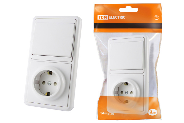 TDM Блок комбинированный БКВР 1-но кл. выкл + розетка 2П+З с з/ш SQ1813-0001