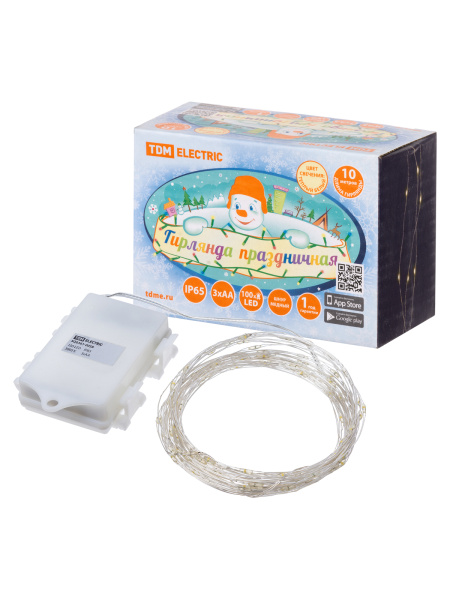 TDM Гирлянда светодиодная "Роса100" 100LED, 10м, 3000К, 3хАА, наружное использование, IP65, SQ0361-0058