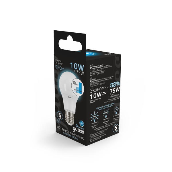 Купить Gauss Лампа A60 10W 920lm 4100K E27 шаг. диммирование LED 102502210-S