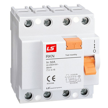 LSIS Устройство защитного отключения (RCCB) LS Electric серии RKN, 3P+N, 40A 300mA, тип AC 062400458B