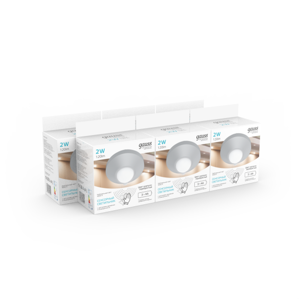 Купить Gauss Многофункциональный автономный сенсорный светильник 2W,86х47 (круг, серебро) /36 CL002