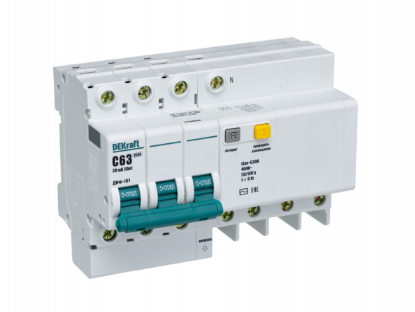 Dekraft Автоматический выключатель дифференциального тока АВДТ 3P+N 63А 30мА тип AC х-ка C ДИФ-101 4,5кА 15190DEK