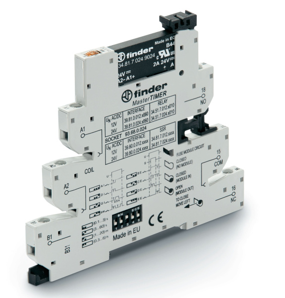 Finder Интерфейсный модуль (сборка 34.81.7.012.9024 + 93.68.0.024), твердотельное реле с таймером, серия MasterTimer (мультифункциональный: AI,DI,GI,S 398000129024