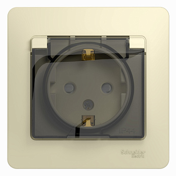 Systeme Electric Glossa Беж Розетка с/з со шторками с крышкой, IP44 (в сборе с рамкой)
