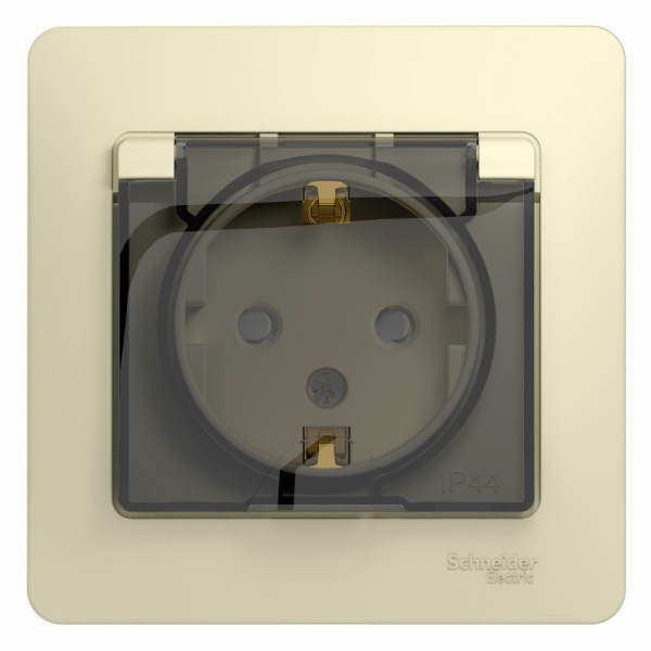 Systeme Electric Glossa Беж Розетка с/з со шторками с крышкой, IP44 (в сборе с рамкой)