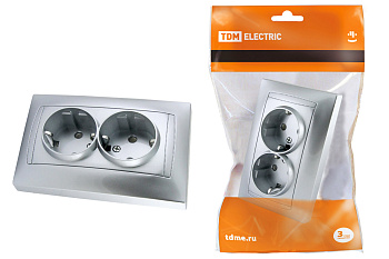 TDM Розетка двойная 2П+З 16А 250В с защ. шт. серебр. металлик "Лама" SQ1815-0213