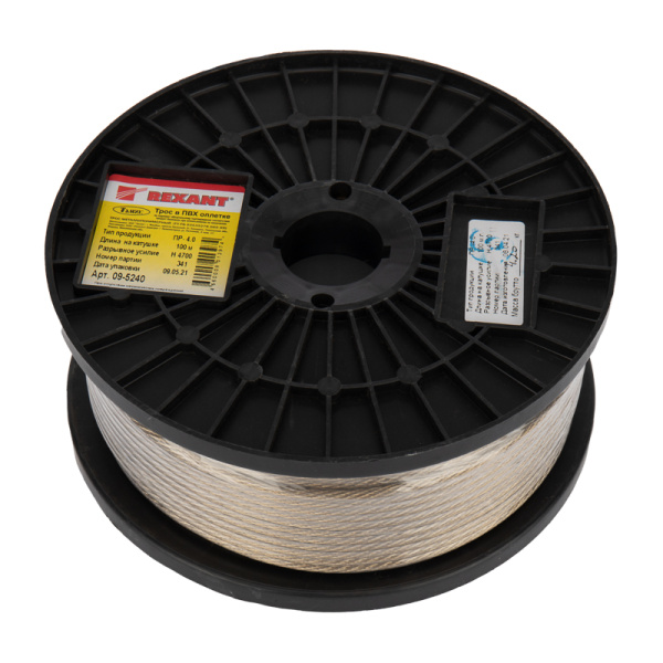 Трос стальной в ПВХ изоляции d=4.0 мм, катушка 100 метров Rexant 09-5240
