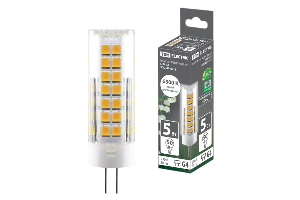 TDM Лампа светодиодная G4-5 Вт-230 В-6500 К, SMD, 16x55 мм SQ0340-0218