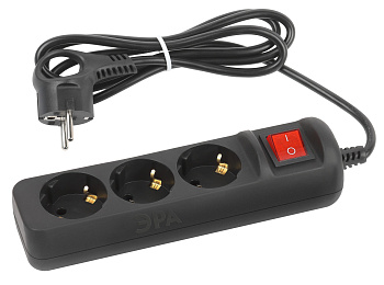 ЭРА Удлинитель электрический UX-3es-1,5m-B с заземлением с выключателем 3 розетки 1,5 м ПВС 3x0,75мм2 черный