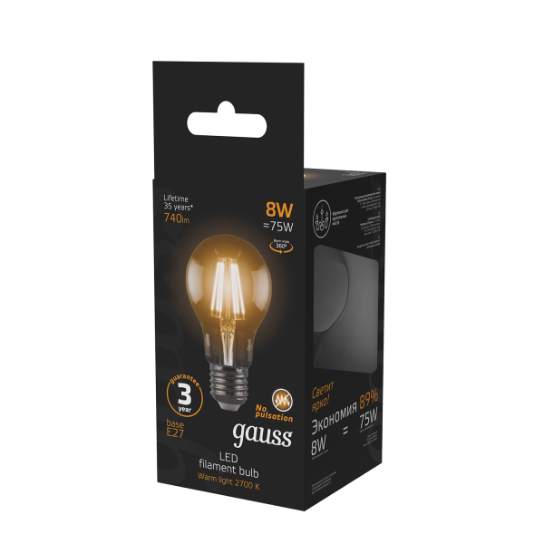 Купить Gauss Лампа Filament А60 8W 740lm 2700К Е27 LED 102802108