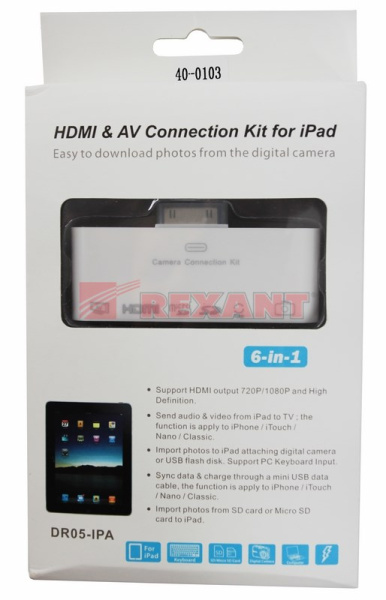 Купить AV адаптер 6 в 1 для iPhone 4/4S на HDMI, USB, microSD, SD, 3.5 мм, microUSB Rexant 40-0103
