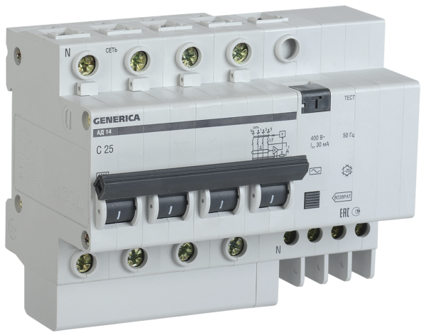 Купить IEK GENERICA Автоматический выключатель дифференциального тока АД14 4Р 25А 30мА MAD15-4-025-C-030