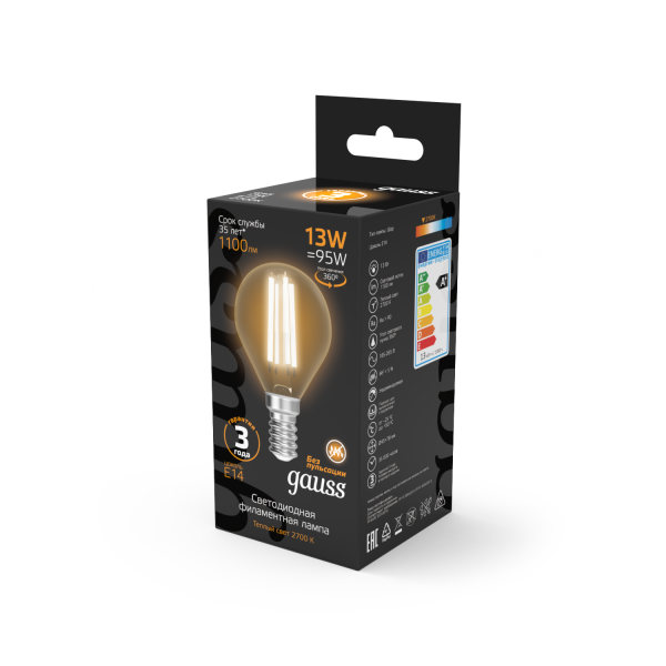 Купить Gauss Лампа Filament Шар 13W 1100lm 2700К Е14 LED 1/10/50 105801113