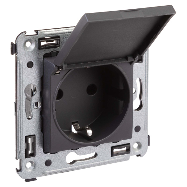 Купить DKC Розетка с крышкой в стену, 2P+E, с з/ш, "Avanti", "Черный матовый"