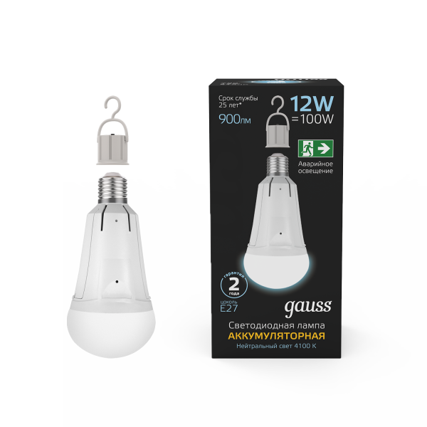 Купить Gauss Лампа A80 12W 900lm 4100K Е27 авар. с Li-Ion аккумулятором LED 102002212