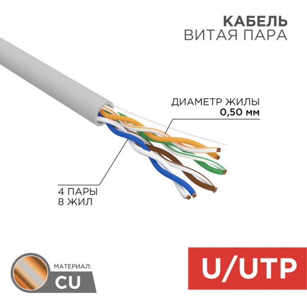 Кабель витая пара UTP 4PR 24AWG CAT5e 305м Rexant 01-0043