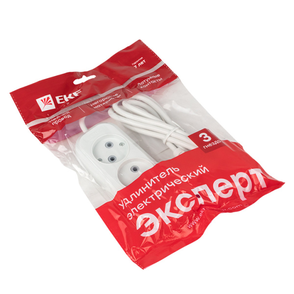 Купить EKF PROxima Удлинитель "Эксперт" 3 гнезда 2 метра 10А/2,2кВт без заземления ПВС 2х0,75