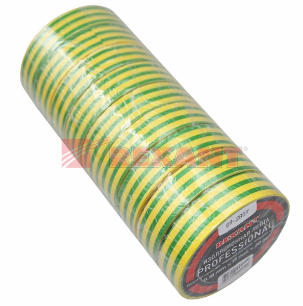 Купить Изолента профессиональная 0.18 х 19 мм х 20м желто-зеленая Rexant 09-2807