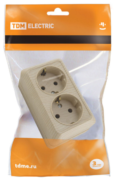 Купить TDM Розетка двойная 2П+З открытой установки IP20 16А, сосна "Ладога" SQ1801-0052