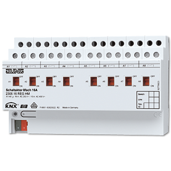 JUNG KNX Актор 8-ми канальный 220V AC 16 A возм ручн упр DIN-рейка 2308.16REGHM
