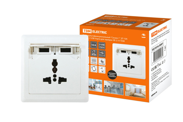 TDM Блок мультифункциональный "Сенеж 1" 2П 10А 250В + 2 USВ-порта для зарядки 5В 2,1А белый SQ1816-0001
