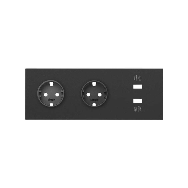 Simon 100 Черный матовый Кит 3 поста, фронт. Накладка на 2 розетки Schuko + 1 з/у 2xUSB цвета 10020308-238