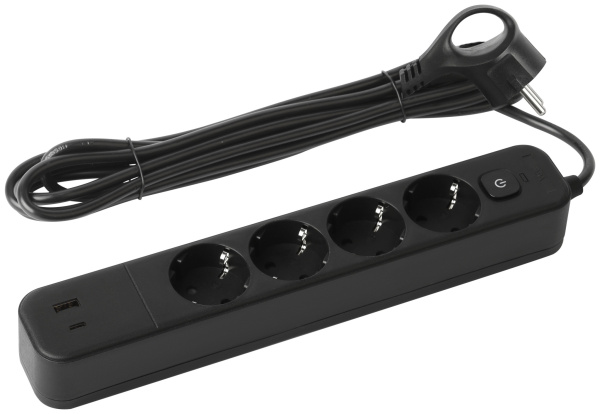 ЭРА Сетевой фильтр USF-4es-3m-2xUSBAC-B с базовой защитой с заземлением с выключателем 4 розетки+2xUSBA+C 3,1A 3м 10А