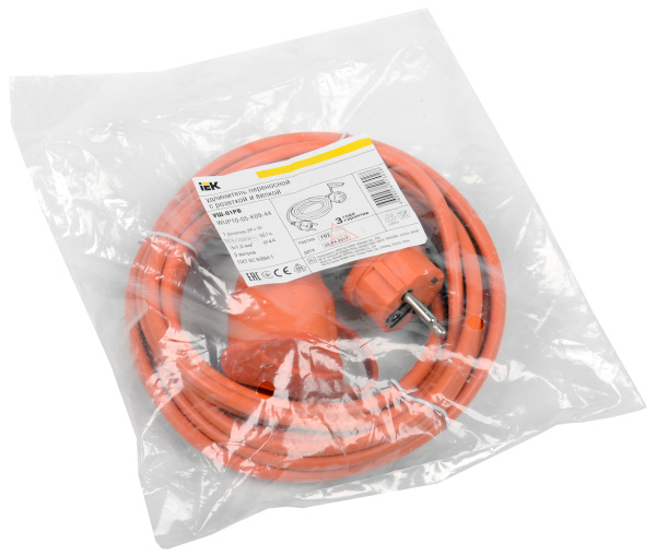 Купить IEK Шнур УШ-01РВ оранж. с вилкой и розеткой 2Р+РЕ/20 метров 3х1,0 мм2 IP44