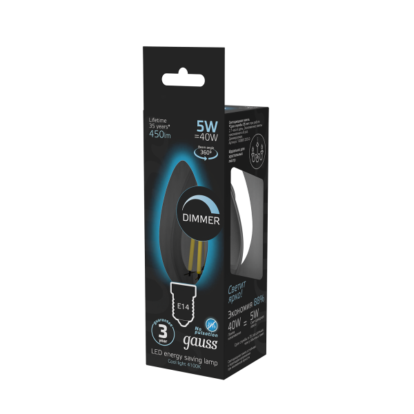 Купить Gauss Лампа Filament Свеча 5W 450lm 4100К Е14 диммируемая LED 103801205-D