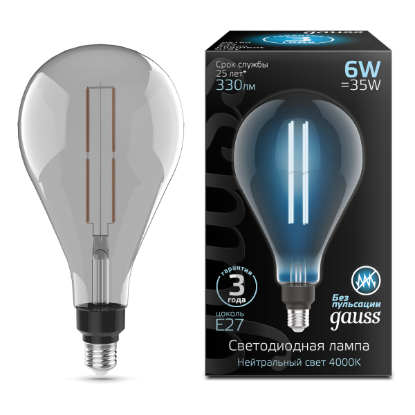 Gauss Лампа Filament PS160 6W 330lm 4000К Е27 gray straight LED 179802205 Купить Gauss Лампа Filament PS160 6W 330lm 4000К Е27 gray straight LED 179802205