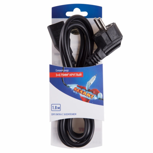Шнур сетевой Евро 3*0.75мм² 1.8М (PE) (с заземлением) Rexant 06-3254