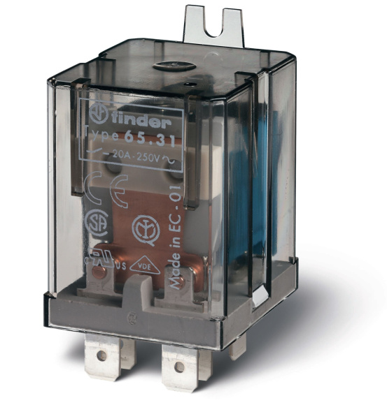 Finder Силовое электромеханическое реле; монтаж в наконечники Faston 250 (6.3x0.8мм); 1NO 30A; контакты AgCdO (зазор ≥ 3мм); катушка 110В AC; степень 653181100300