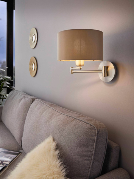 Купить Eglo Бра MASERLO коленчатое, 1х60W (E27), ?230, H260, A595, никель мат./текстиль, серо-коричневый, золото 95055