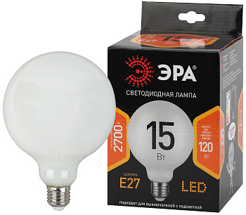 ЭРА F-LED G125-15w-827-E27 OPAL (филамент, шар опал, 15Вт, тепл, E27)