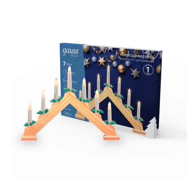Купить Gauss Светильник светодиодный "Новогодняя горка" серия Holiday, 7 LED свечей, ,1W*7, тёплый свет, дерево, новогодний декор, батарейки в комплекте, HL020
