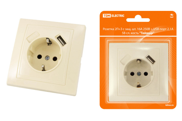 TDM Розетка 2П+З с защ. шт. 16А 250В + USB порт 2,1А 5В сл. кость "Таймыр" SQ1814-0140