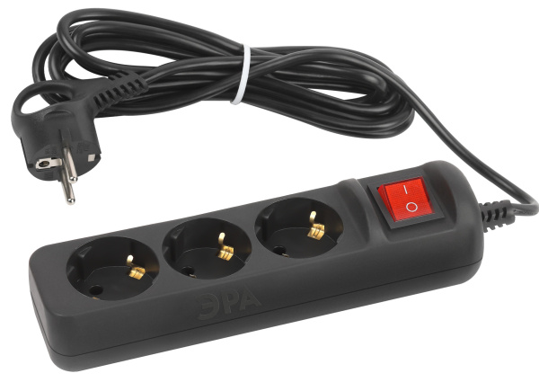 ЭРА Удлинитель электрический UX-3es-3m-B с заземлением с выключателем 3 розетки 3 м ПВС 3x0,75мм2 10А черный
