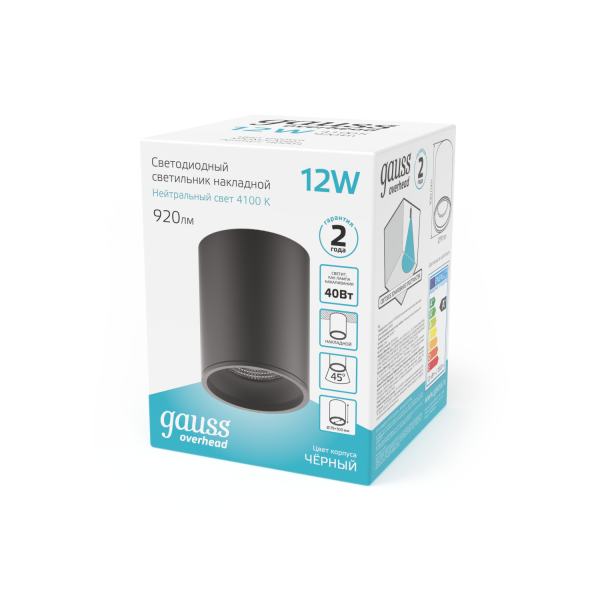 Купить Gauss Светильник Overhead накл цил 12W 920lm 4100K 170-240V IP20 79*100мм черный LED HD007