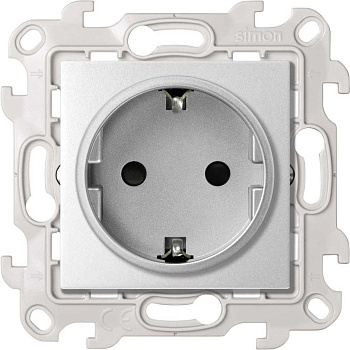 Simon 24 Алюминий Розетка с заземлением и шторками Schuko 2Р+Е 16A 250В~ с системой Push&Go 2420432-033