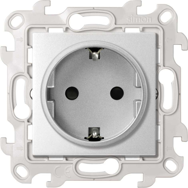 Simon 24 Алюминий Розетка с заземлением и шторками Schuko 2Р+Е 16A 250В~ 2450432-033