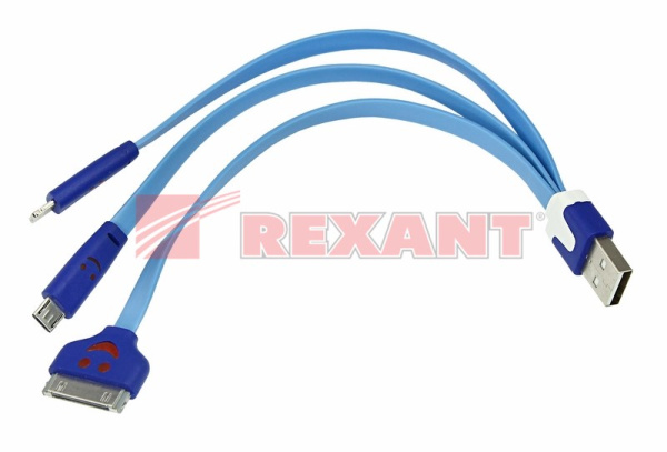 USB кабель 3 в 1 светящиеся Разъемы для iPhone 5/4/microUSB шнур 0.15М синий Rexant 18-4255